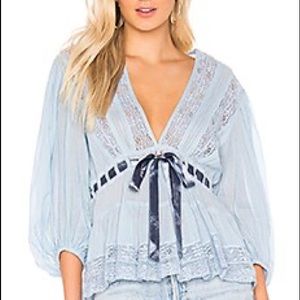 Free People Favorite Romance Tunic Blouse Cotton Lace V-Neck Balloon Sleeve